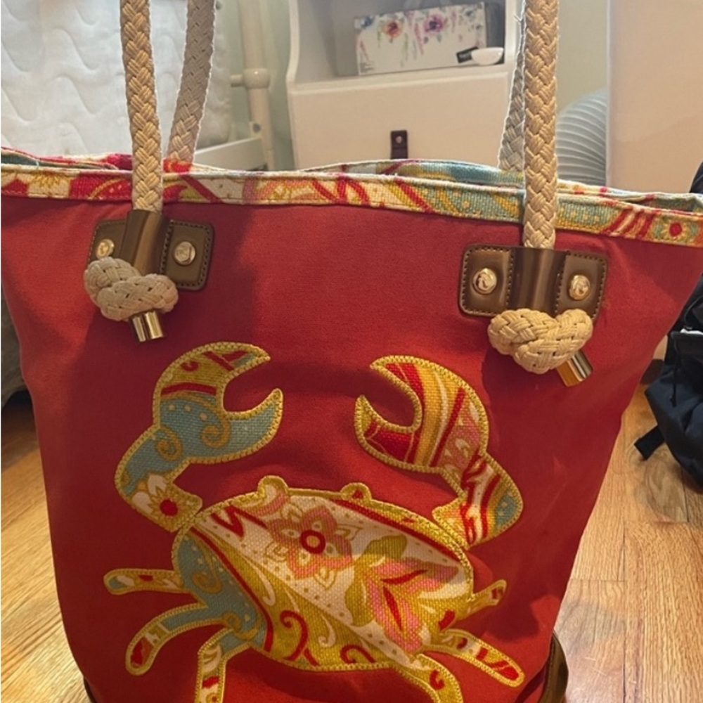 Spartina 449 Vibrant Red Tote with Artistic Crab